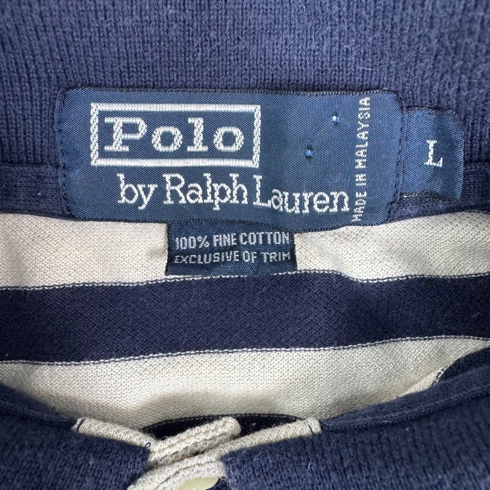 Polo Ralph Lauren Polo Shirt Men L Navy Stripe Short Sleeve Pique Preppy Classic - Picture 11 of 12